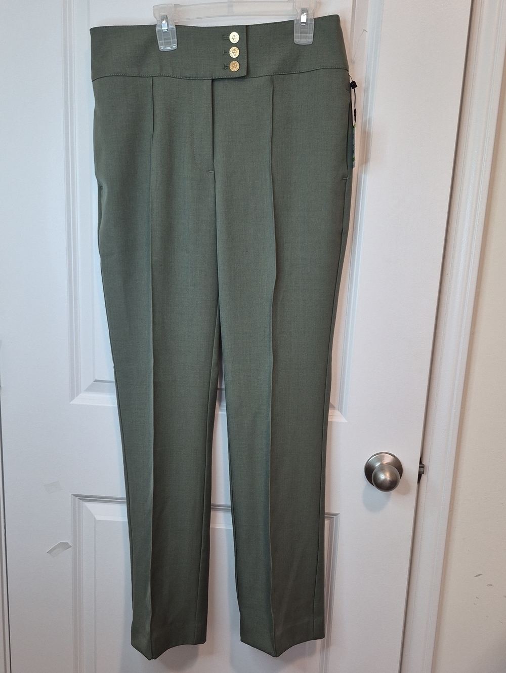Anne Klein Sage Green Dress Pants with Gold-Tone Detail Size 4